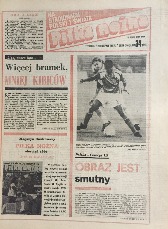 okładka piłki nożnej po meczu polska – francja (14.08.1991)