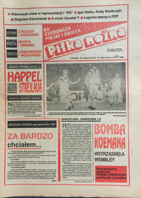 okładka piłki nożnej po meczu austria – polska (19.05.1992)