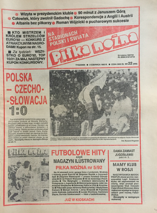 okładka piłki nożnej po meczu polska – czechosłowacja (27.05.1992)