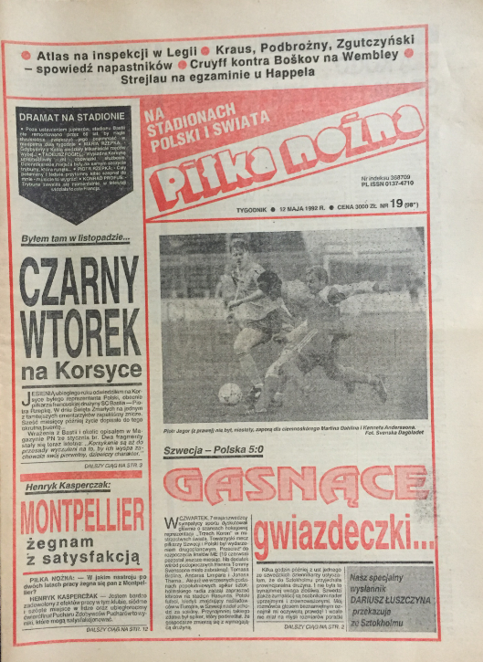 okładka piłki nożnej po meczu szwecja – polska (07.05.1992)