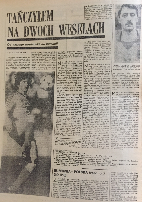 piłka nożna po meczu rumunia – polska (26.09.1990)