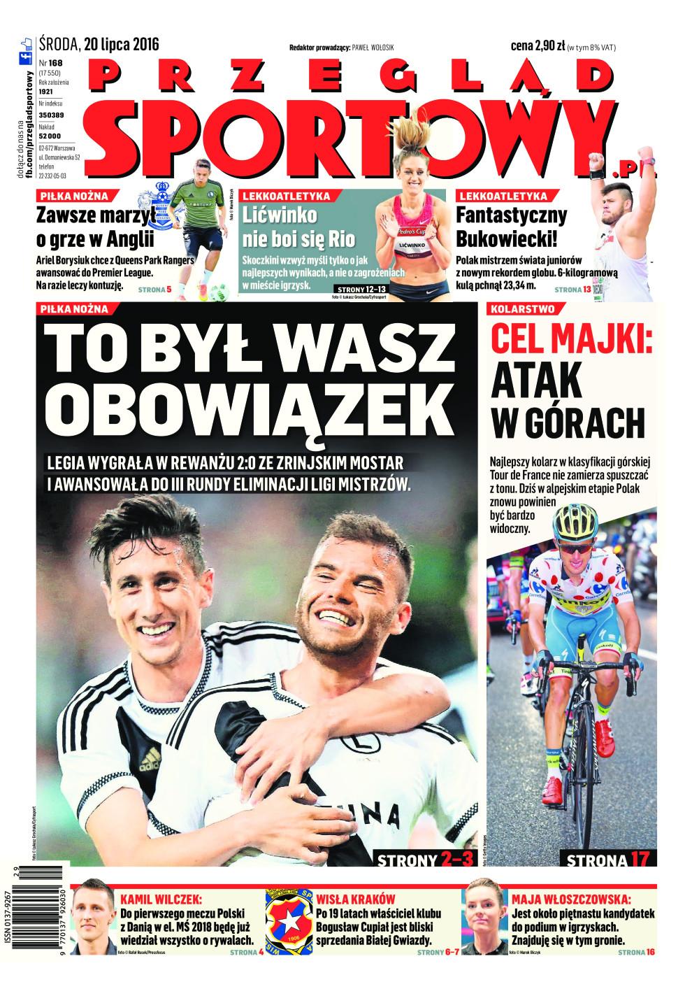 Okładka Przegląd Sportowy po meczu Legia Warszawa – Zrinjski Mostar 2:0 (19.07.2016)