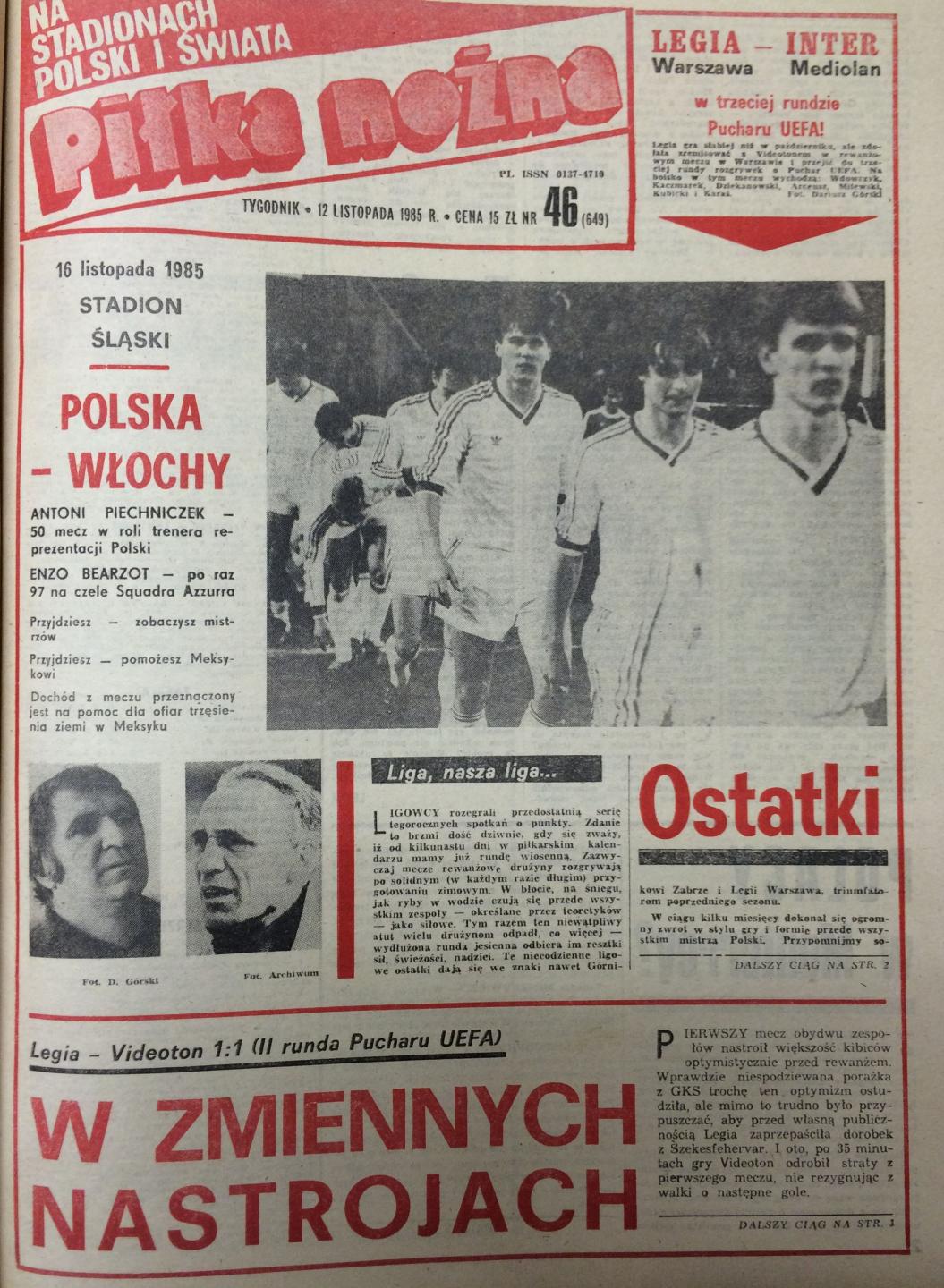 Okładka Piłka Nożna po meczu Legia Warszawa – Videoton Székesfehérvár 1:1 (06.11.1985).