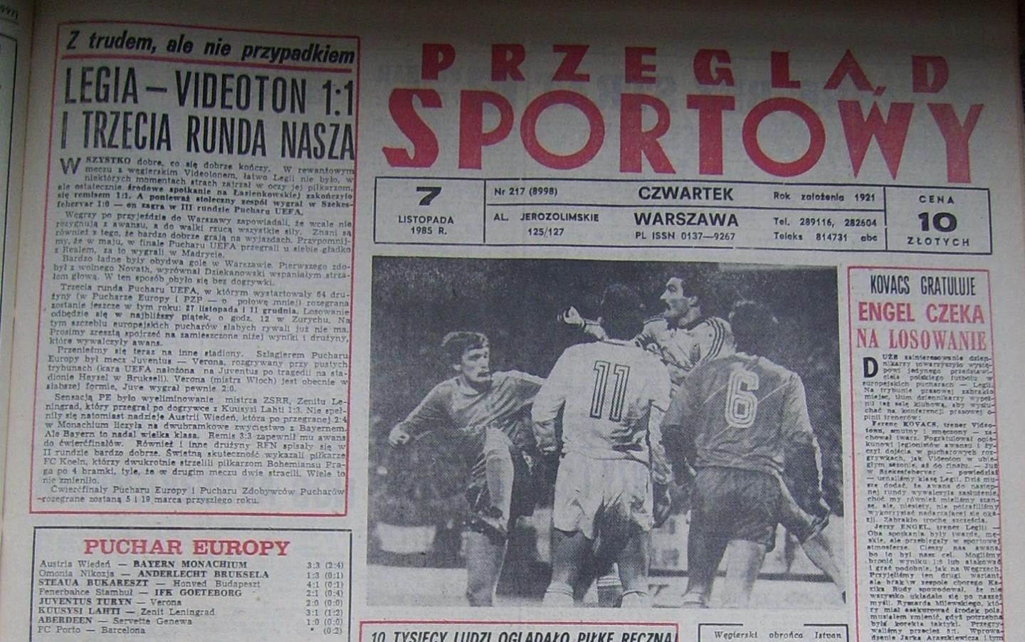 Okładka Przegląd Sportowy po meczu Legia Warszawa – Videoton Székesfehérvár 1:1 (06.11.1985).