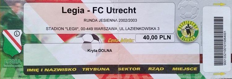 Bilet z meczu Legia Warszawa - FC Utrecht 4:1 (19.09.2002).