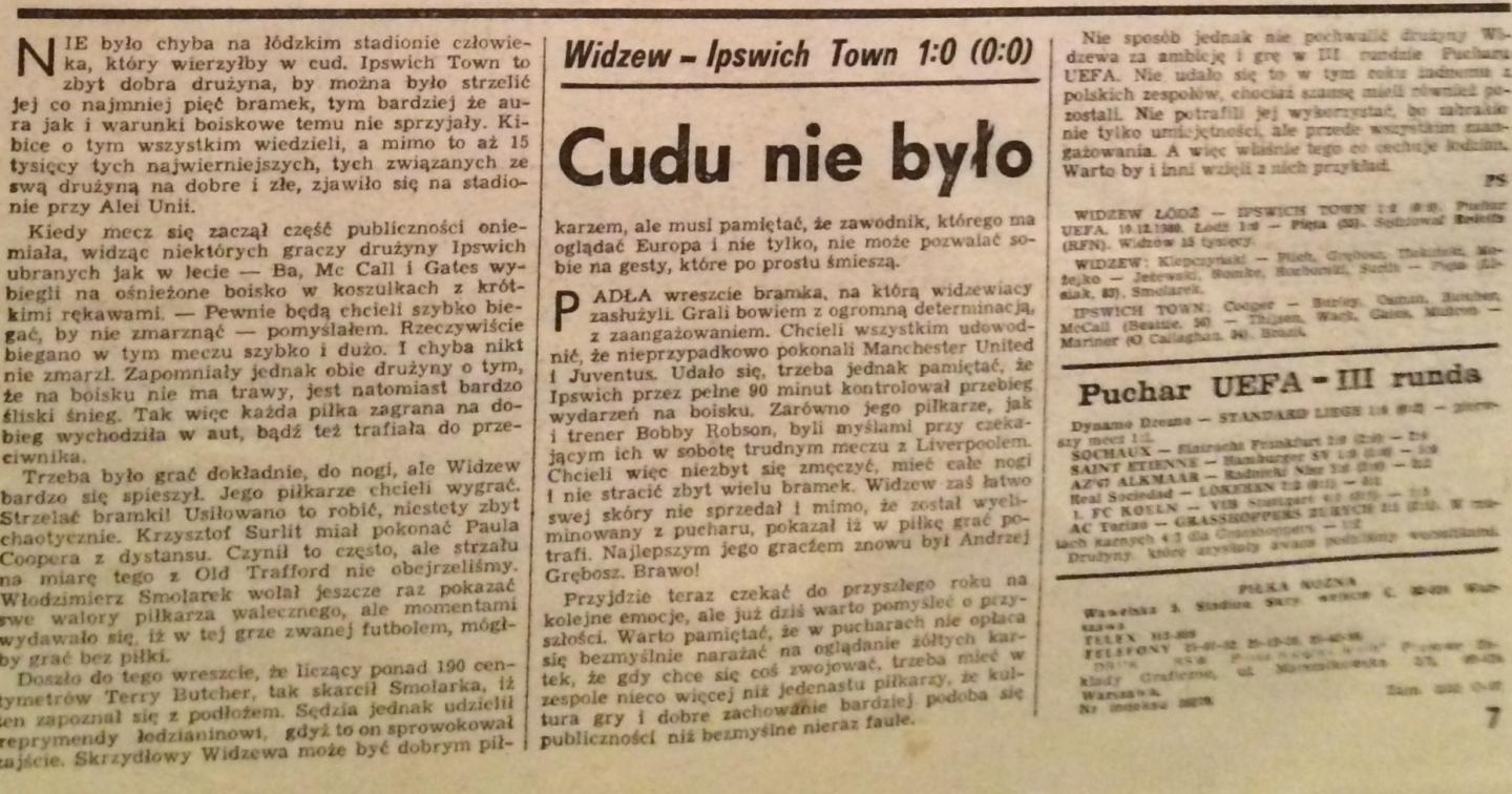 Widzew Łódź - Ipswich Town FC 1:0 (10.12.1980) Piłka Nożna