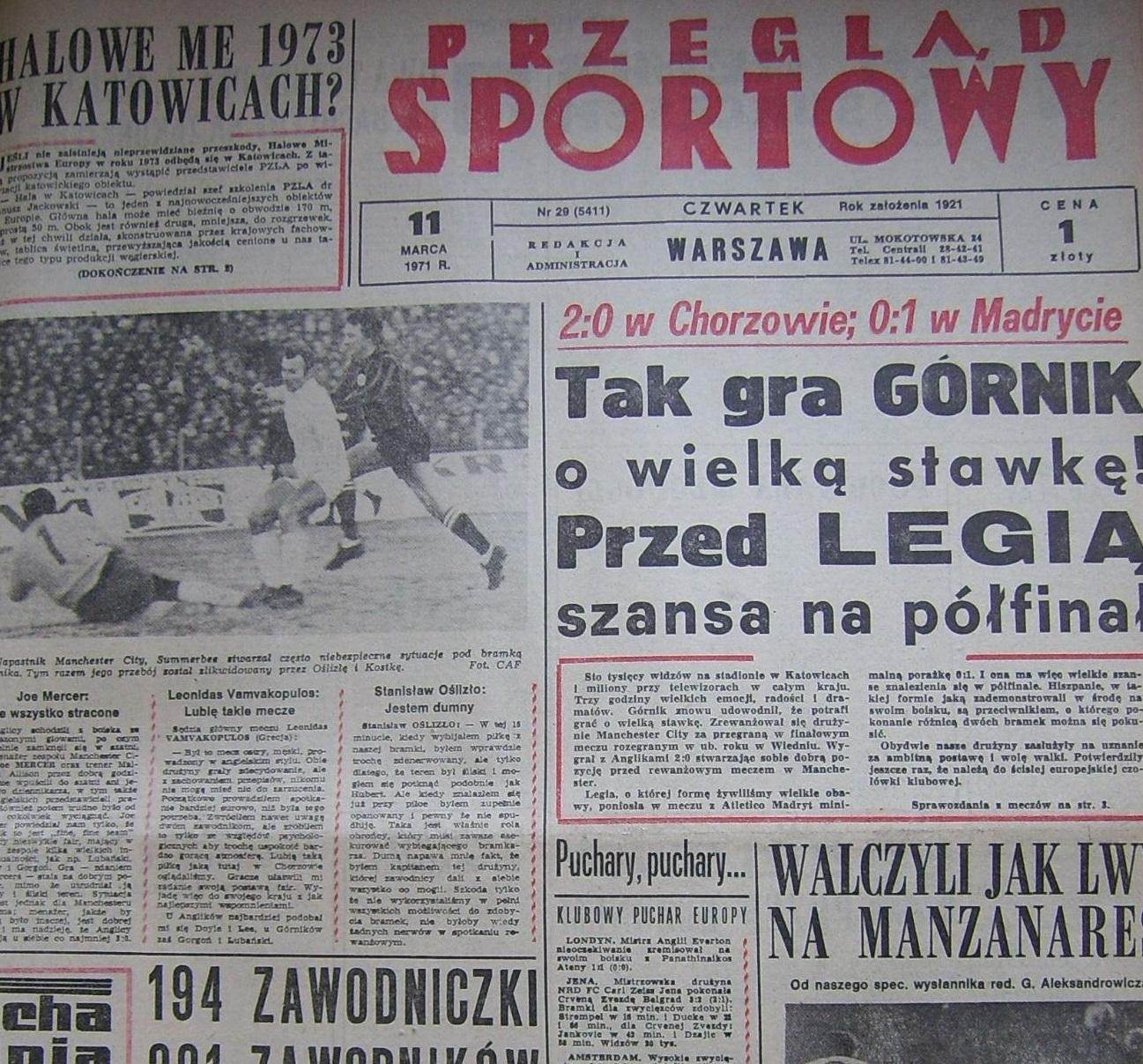 Przegląd Sportowy po Górnik Zabrze - Manchester City 2:0 (10.03.1971) 1
