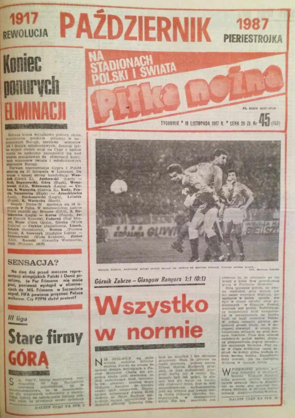 Piłka Nożna po Górnik Zabrze - Rangers FC 1:1 (04.11.1987) 1