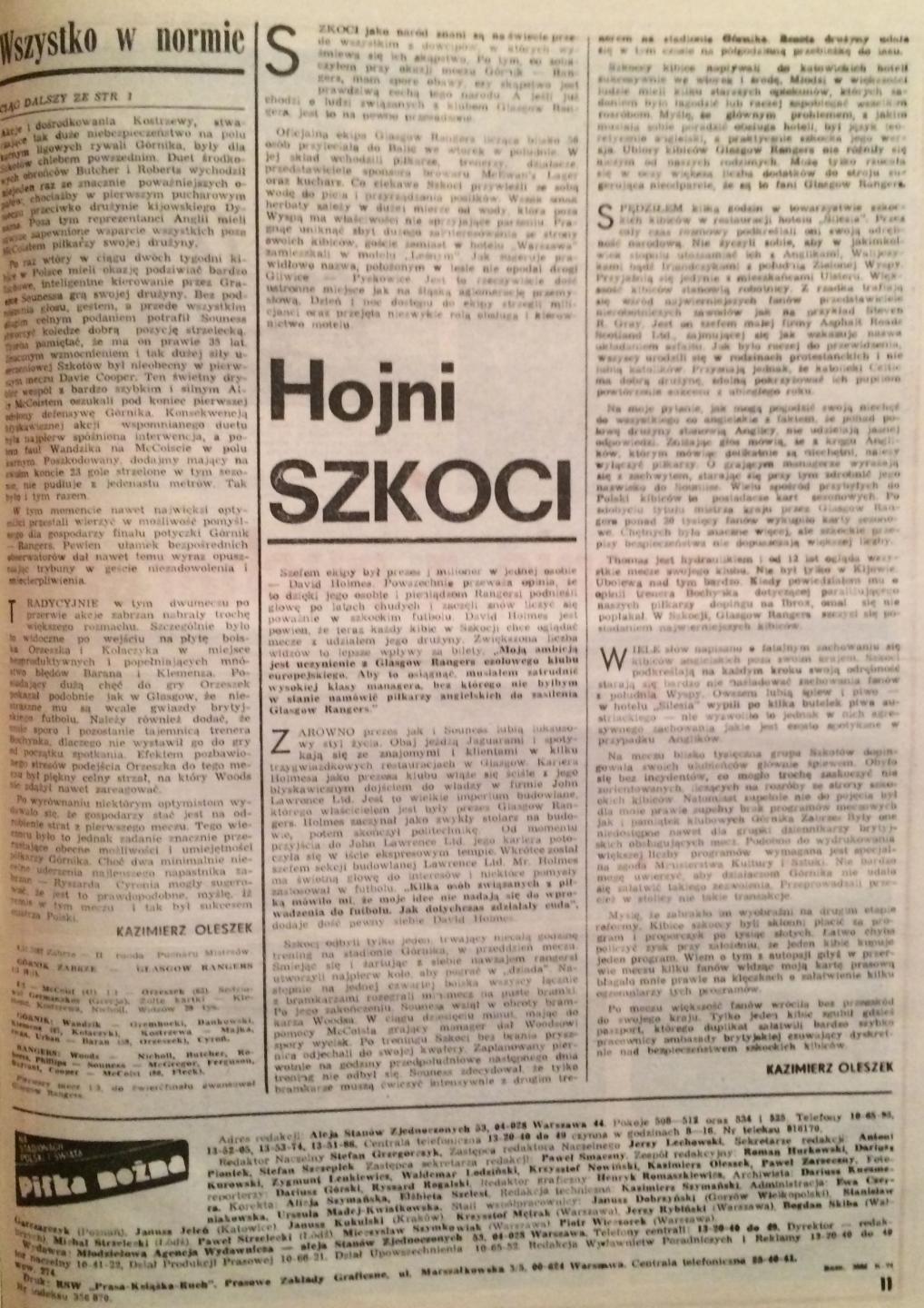 Piłka Nożna po Górnik Zabrze - Rangers FC 1:1 (04.11.1987) 2