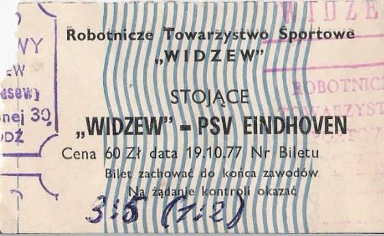 Widzew Łódź - PSV Eindhoven 3:5 (19.10.1977) Bilet