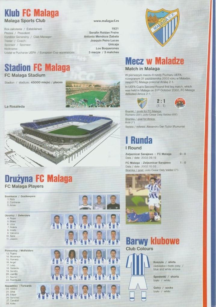 Amica Wronki - Malaga CF 1:2 (12.11.2002) Program meczowy