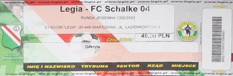 Bilet z meczu Legia Warszawa - Schalke 04 Gelsenkirchen 2:3 (29.10.2002).