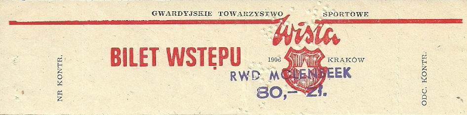 Bilet z meczu Wisła Kraków - RWD Molenbeek 1:1 (20.10.1976).