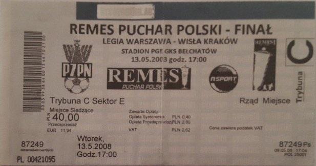 Bilet z meczu Legia Warszawa - Wisła Kraków 0:0, 4-3 (13.05.2008).
