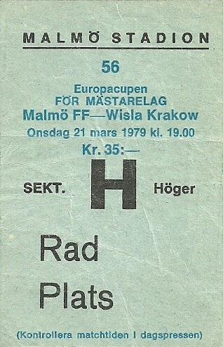 Bilet z meczu Malmö FF - Wisła Kraków 4:1 (21.03.1979).
