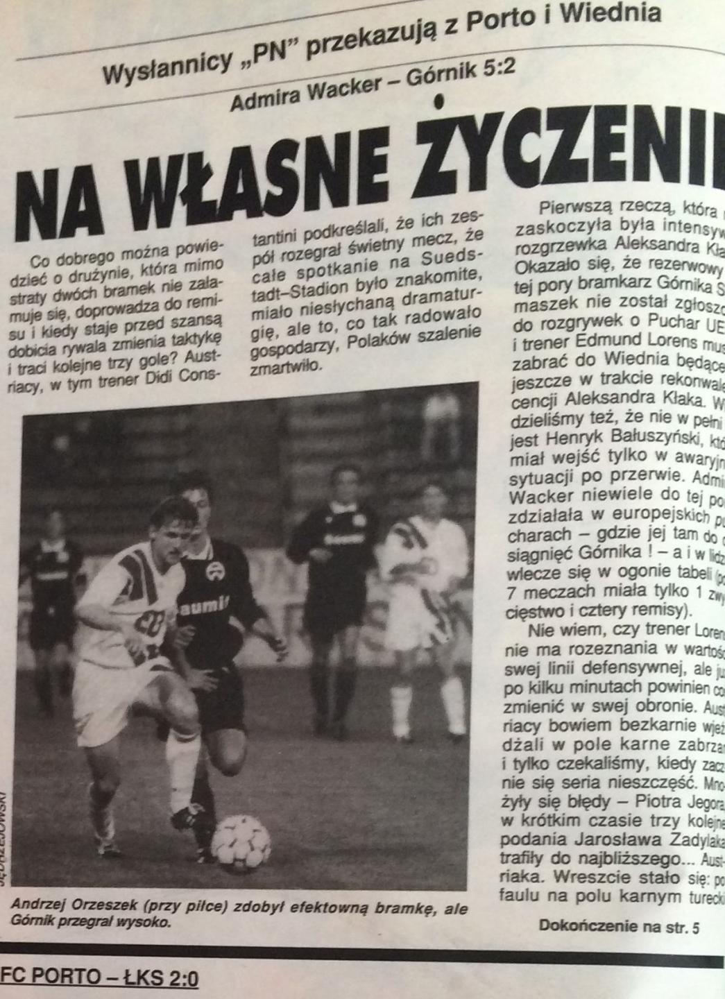 Piłka Nożna po Admira Wacker Wiedeń - Górnik Zabrze 5:2 (13.09.1994) 1