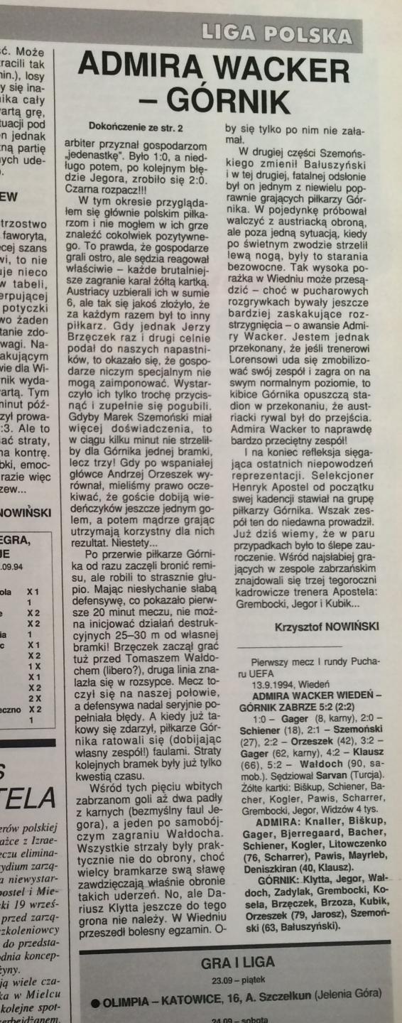 Piłka Nożna po Admira Wacker Wiedeń - Górnik Zabrze 5:2 (13.09.1994) 2