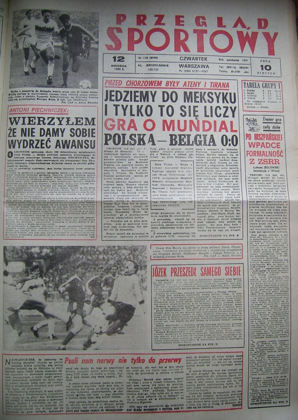 przegląd sportowy po meczu polska - belgia (11.09.1985)