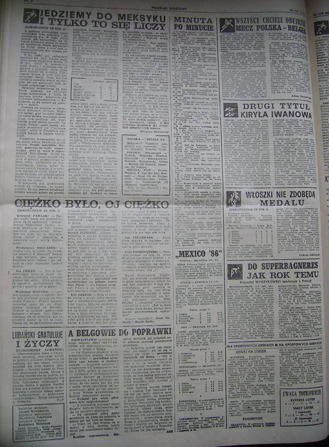 przegląd sportowy po meczu polska - belgia (11.09.1985)