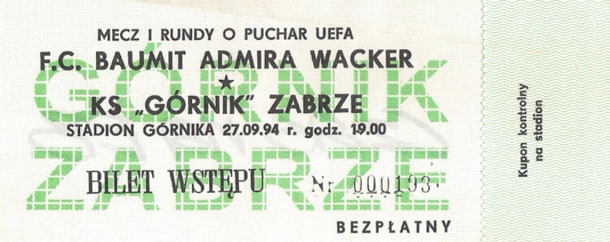 bilet z meczu górnik - admira (27.09.1994)