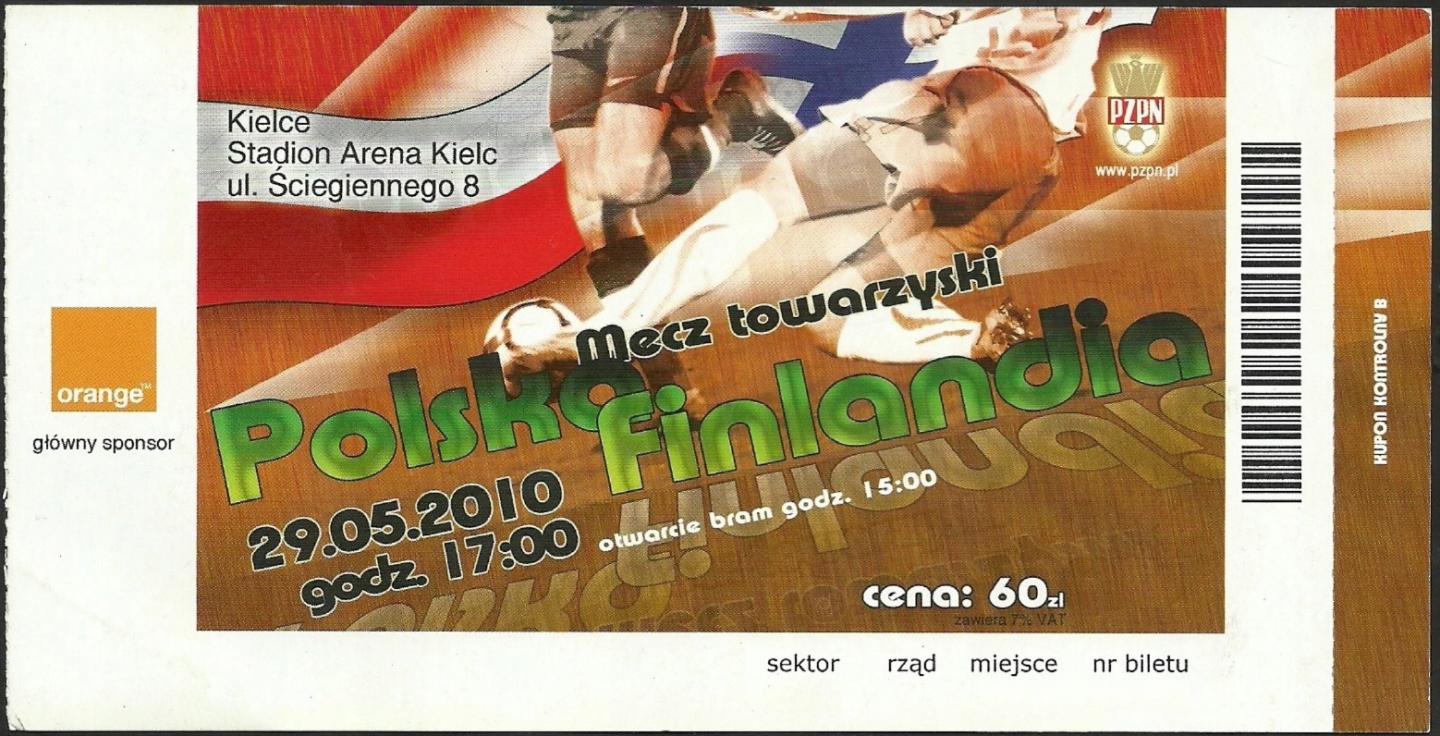 Bilet z meczu Polska - Finlandia 0:0 (29.05.2010).