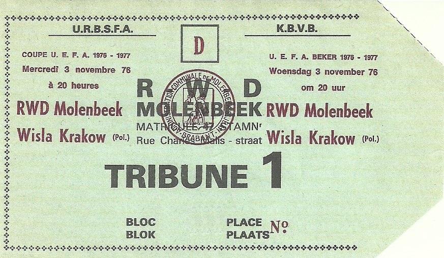 Bilet z meczu RWD Molenbeek - Wisła Kraków 1:1, k. 5-4 (03.11.1976).