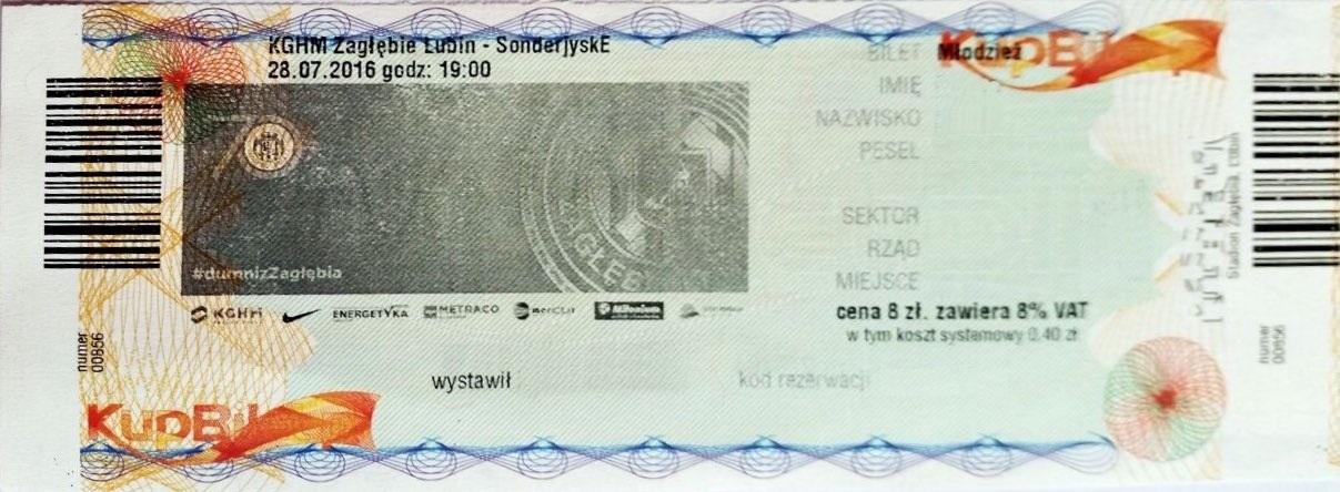 Bilet z meczu Zagłębie Lubin - SønderjyskE 1:2 (28.07.2016).