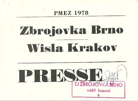 Legitymacja prasowa z meczu Zbrojovka Brno - Wisła Kraków 2:2 (18.10.1978)