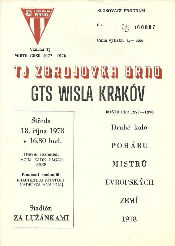 Program meczowy  Zbrojovka Brno - Wisła Kraków 2:2 (18.10.1978)