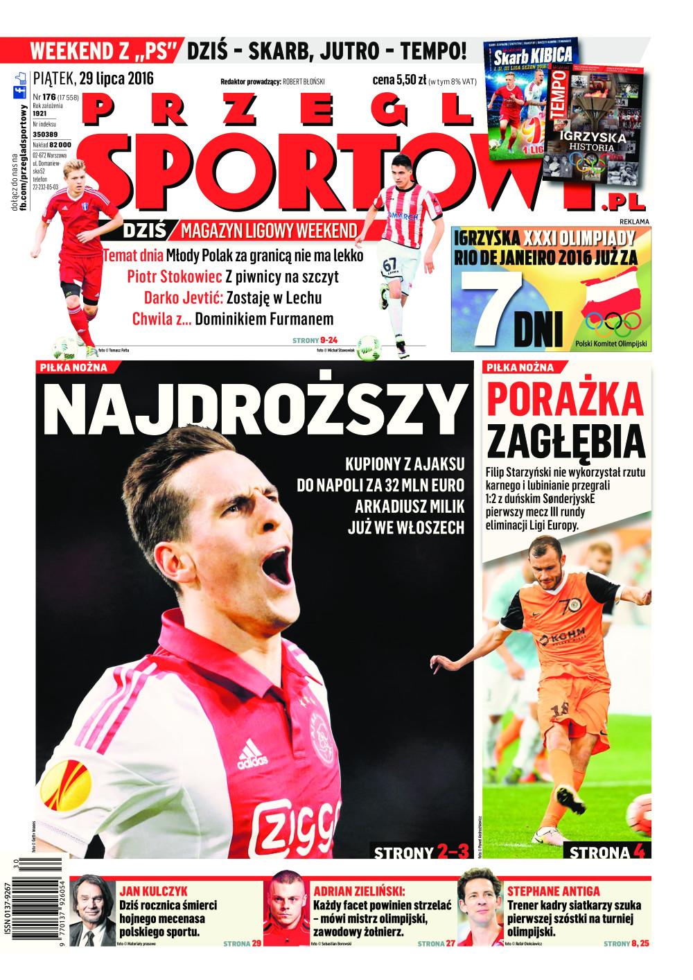 Okładka Przegląd Sportowy po meczu Zagłębie Lubin - SønderjyskE 1:2 (28.07.2016).