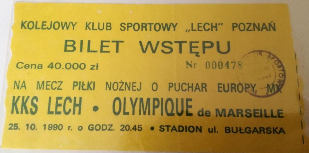 Bilet Lech Poznań - Olympique Marsylia 3:2 (25.10.1990) 2
