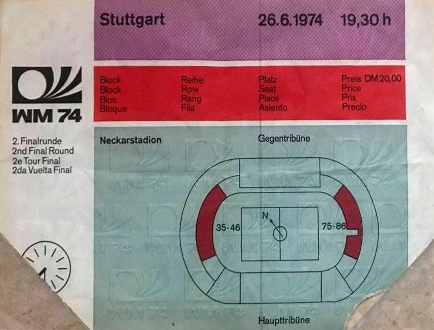 Bilet z meczu Polska - Szwecja 1:0 (26.06.1974).