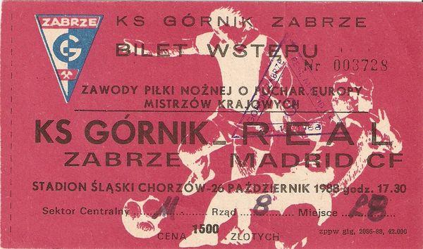 Bilet Górnik Zabrze - Real Madryt 0:1 (26.10.1988) 2