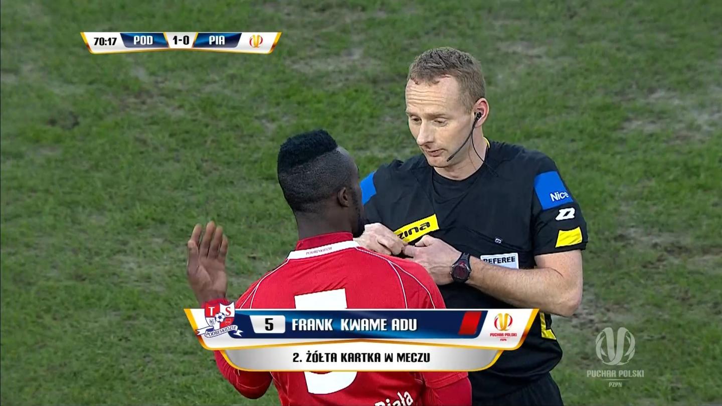 Frank Adu Kwame ogląda czerwoną kartkę w meczu z Piastem Gliwice (2015).