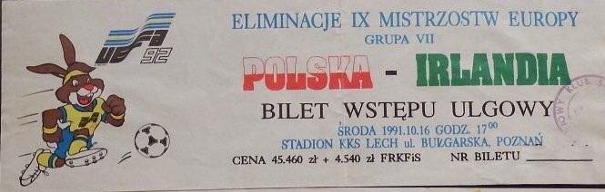 Bilet z meczu Polska - Irlandia 3:3 (16.10.1991)