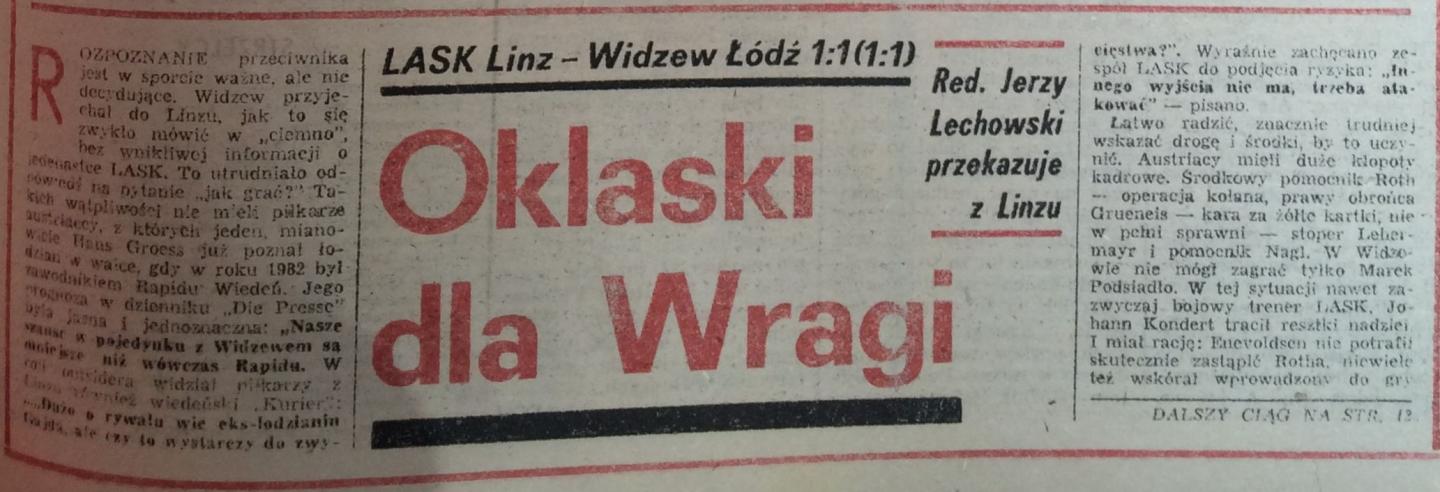 LASK Linz - Widzew Łódź 1:1 (17.09.1986) Piłka Nożna