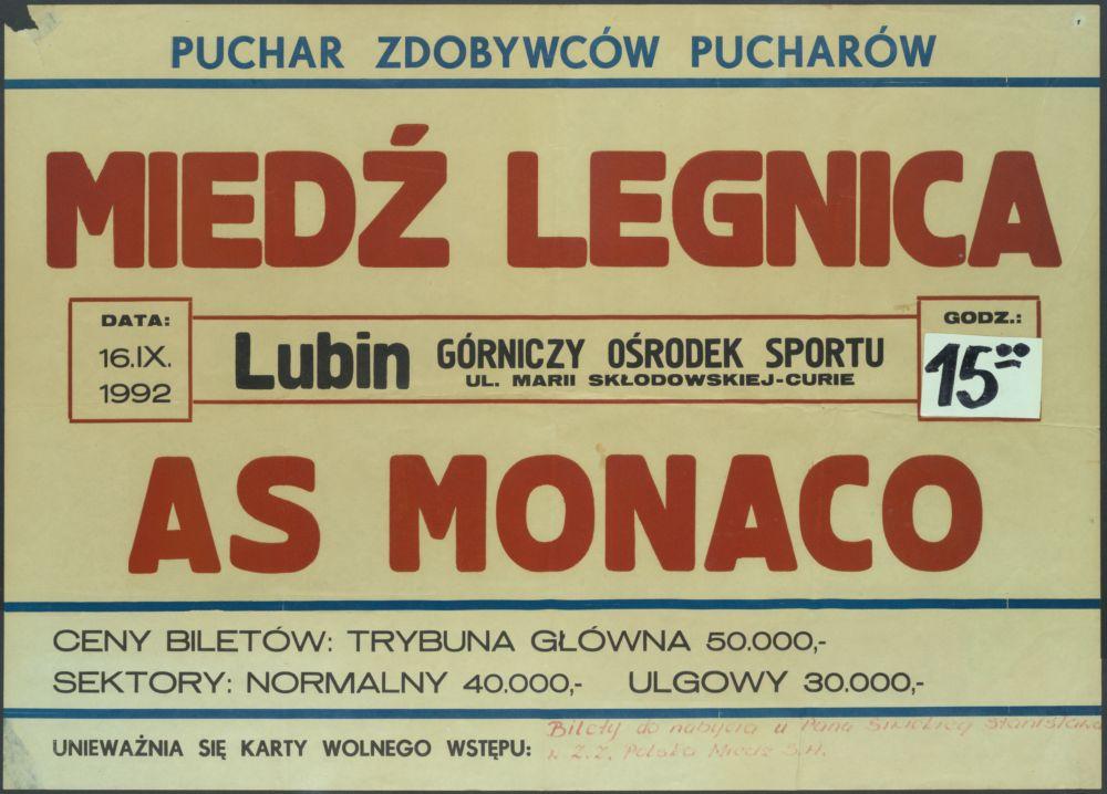 Bilet Miedź Legnica - AS Monaco 0:1 (16.09.1992) 1
