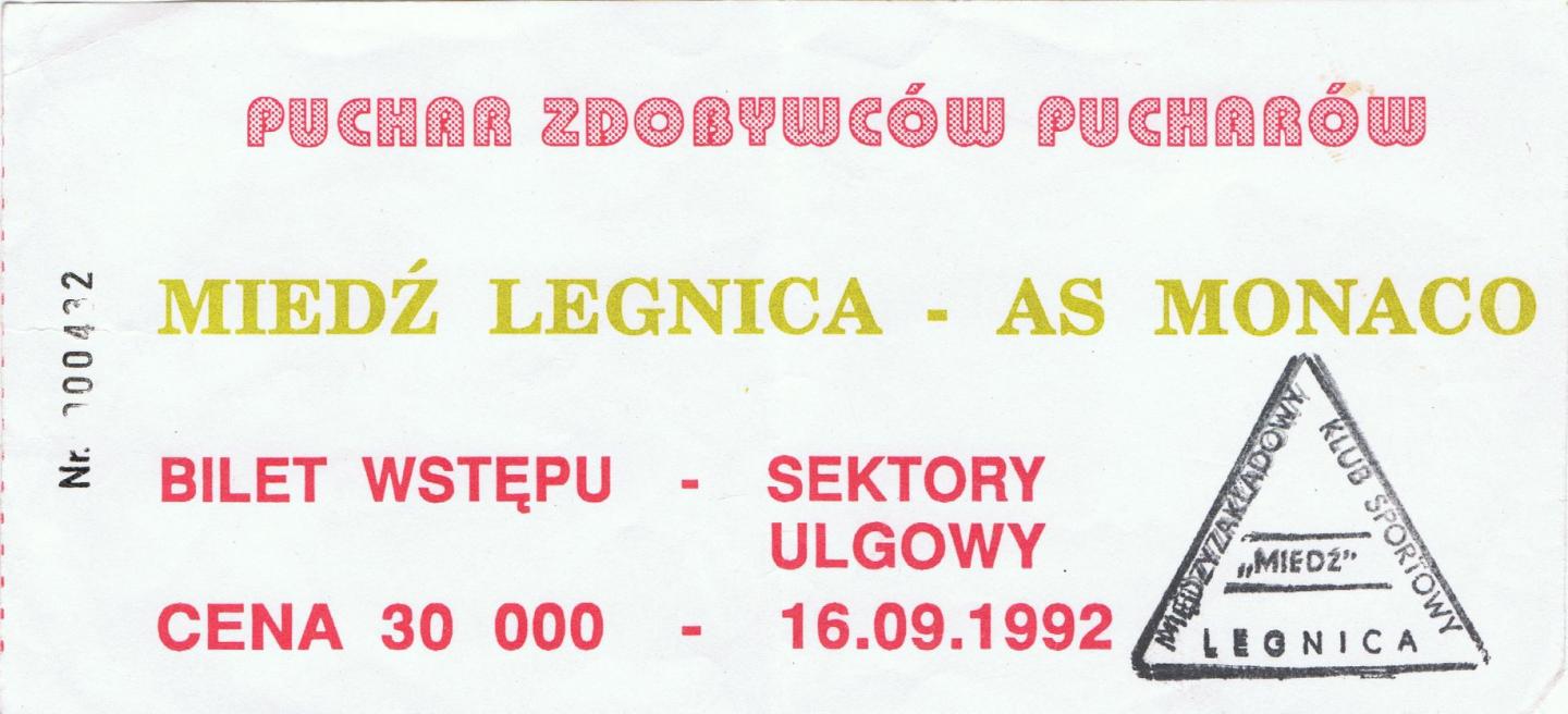 Bilet Miedź Legnica - AS Monaco 0:1 (16.09.1992) 2