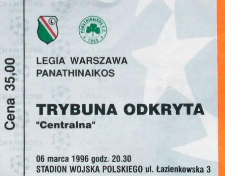 Bilet z meczu Legia Warszawa - Panathinaikos Ateny 0:0 (06.03.1996)