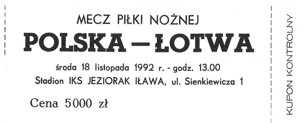 Bilet z meczu Polska - Łotwa 1:0 (18.11.1992).