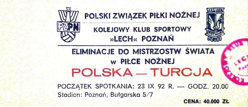 Bilet z meczu Polska - Turcja 1:0 (23.09.1992).