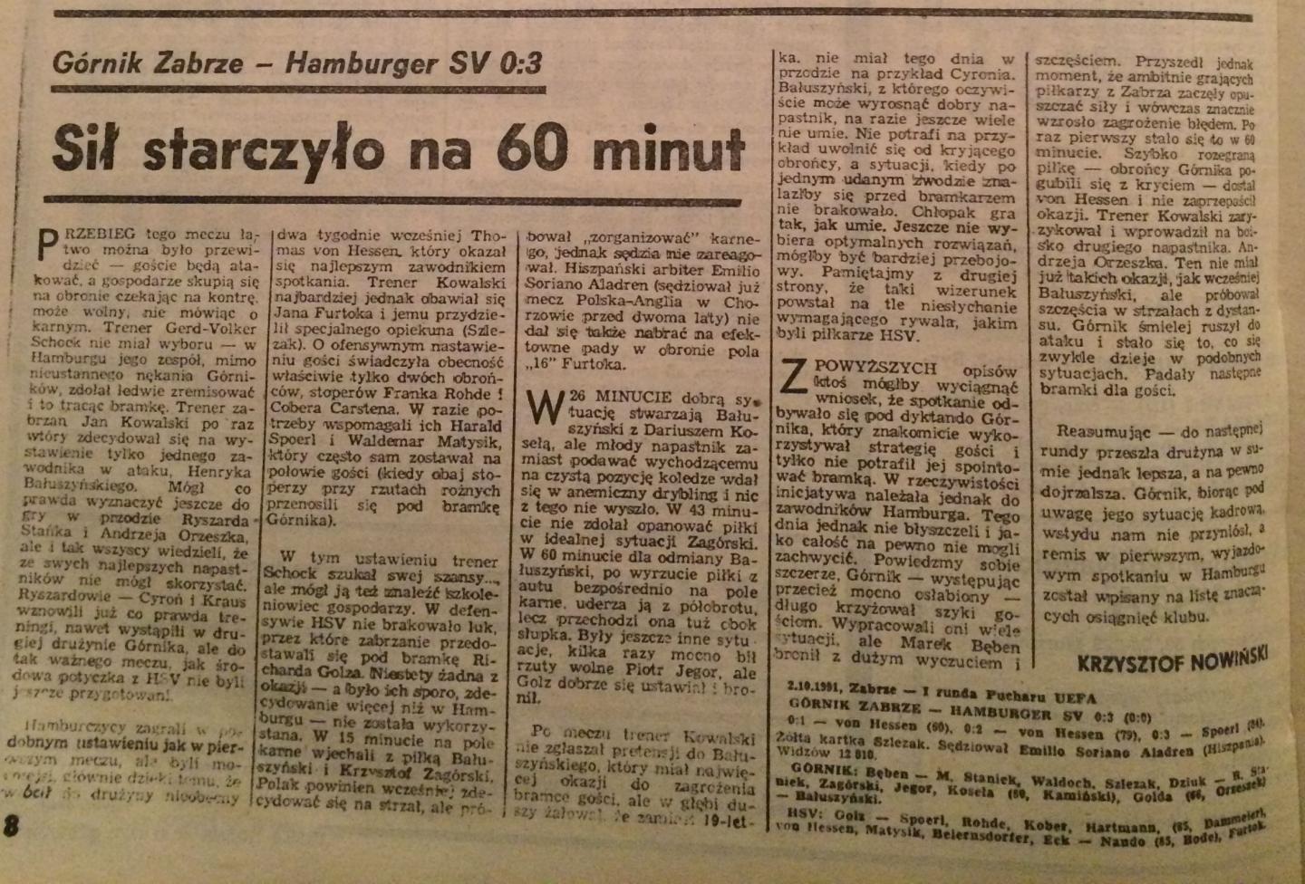 Piłka Nożna po Górnik Zabrze - Hamburger SV 0:3 (02.10.1991)