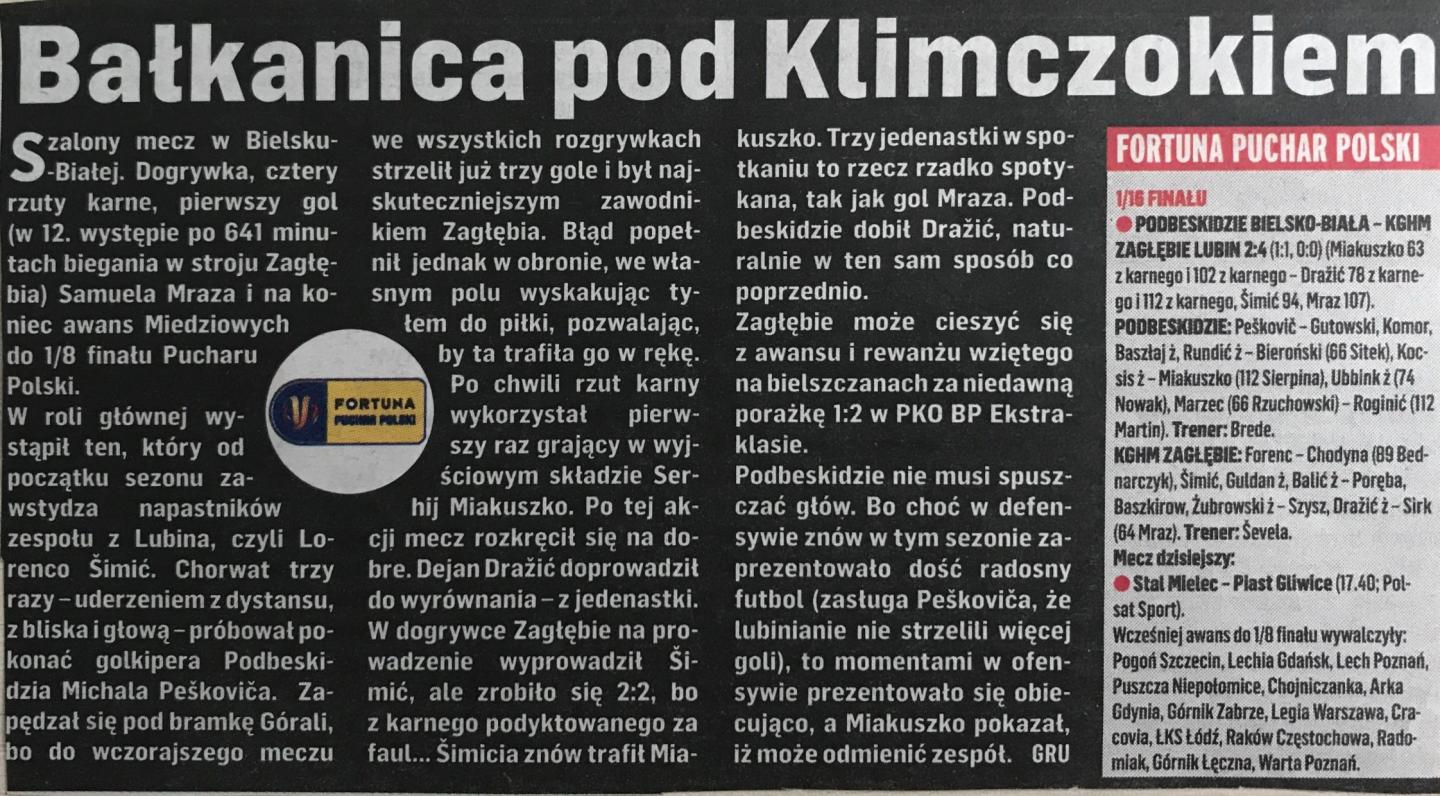 Podbeskidzie Bielsko-Biała - Zagłębie Lubin 2:4 (pd.) (01.12.2020) Przegląd Sportowy