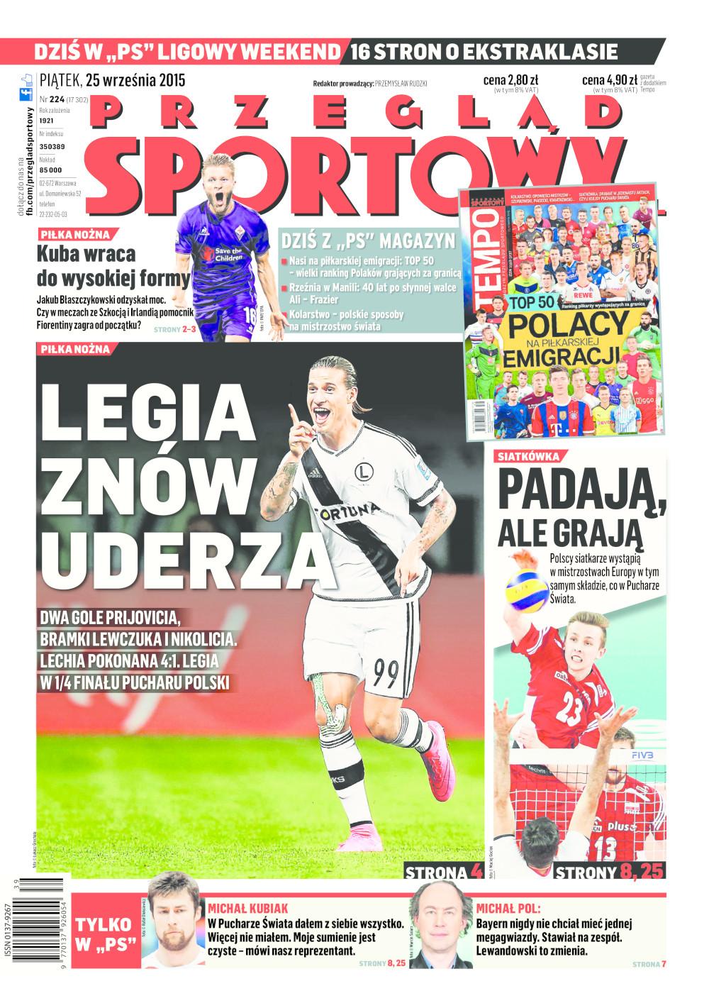 Okładka Przegląd Sportowy po meczu Legia Warszawa - Lechia Gdańsk 4:1 (24.09.2015).