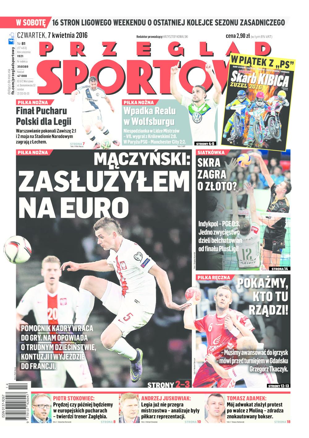 Okładka Przegląd Sportowy po meczu Zawisza Bydgoszcz - Legia Warszawa 1:2 (06.04.2016).