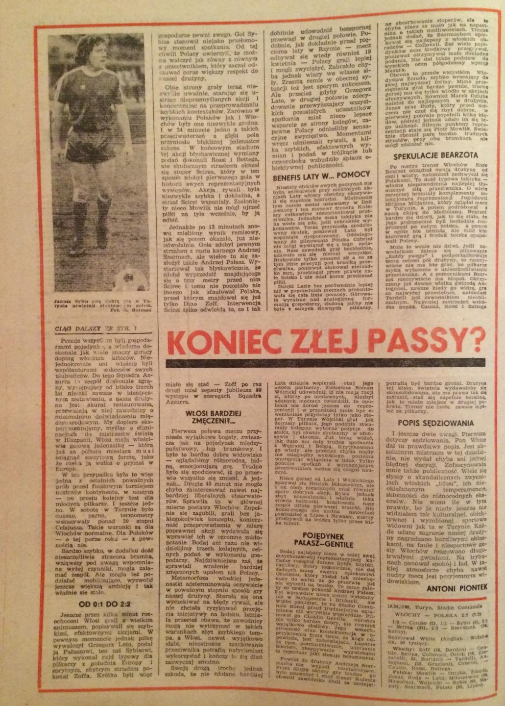Piłka Nożna po meczu Włochy - Polska 2:2 (19.04.1980)