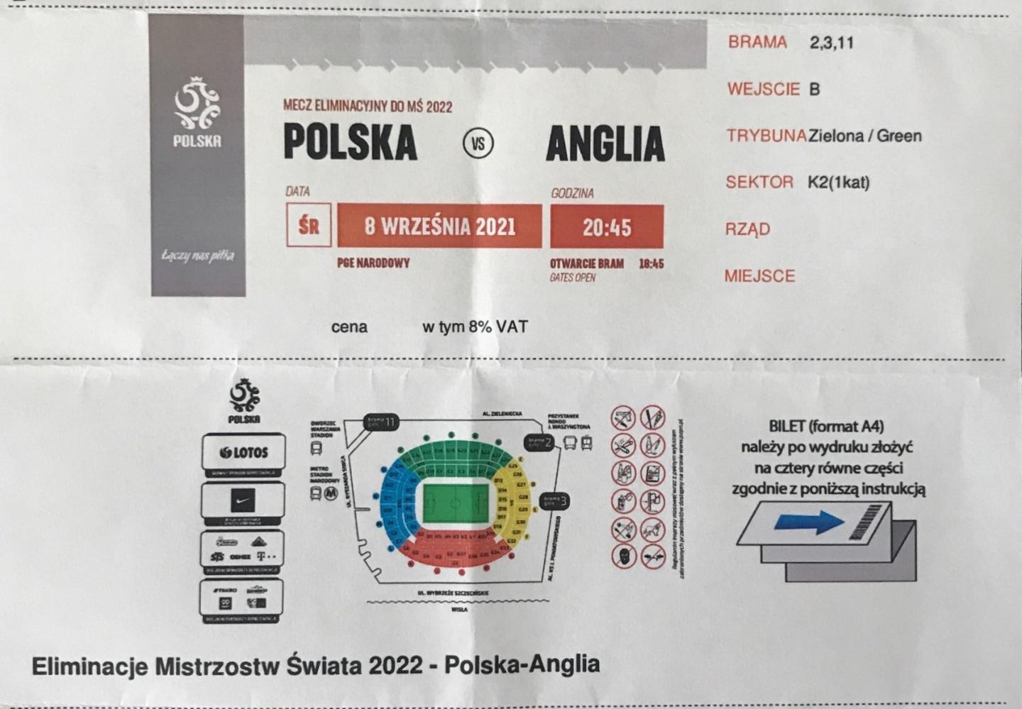 Bilet z meczu Polska - Anglia 1:1 (08.09.2021)