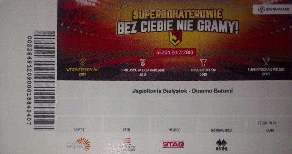 Bilet z meczu Jagiellonia Białystok - Dinamo Batumi 4:0 (06.07.2017).