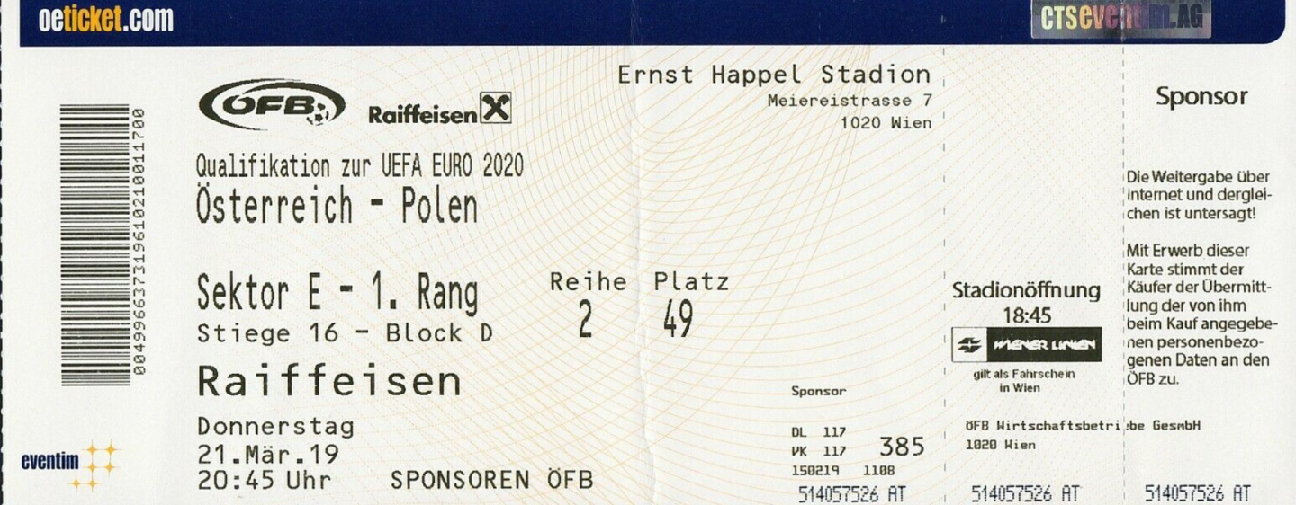 bilet z meczu austria - polska (21.03.2019)