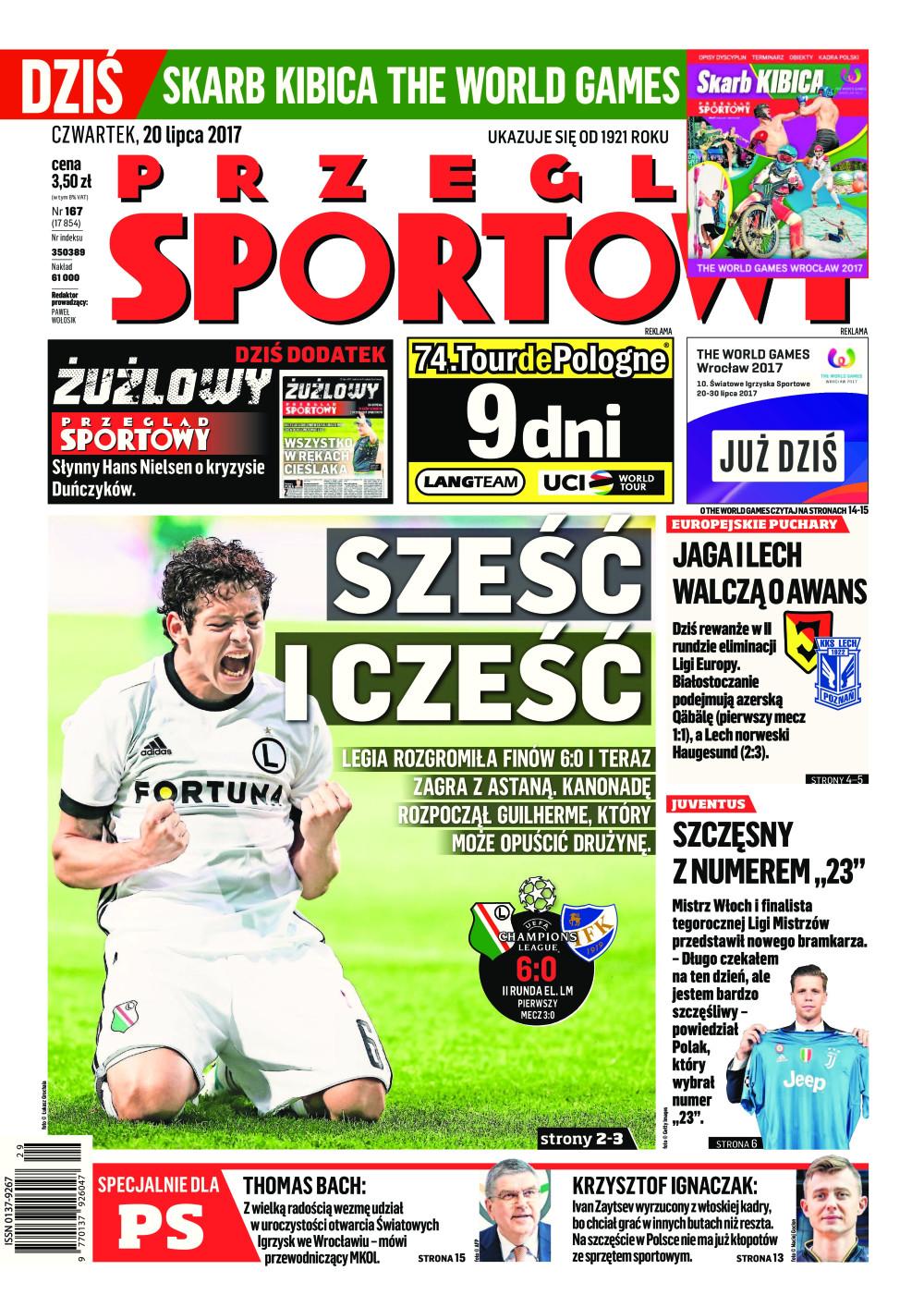 Okładka Przegląd Sportowy po meczu Legia Warszawa - IFK Mariehamn 6:0 (19.07.2017).